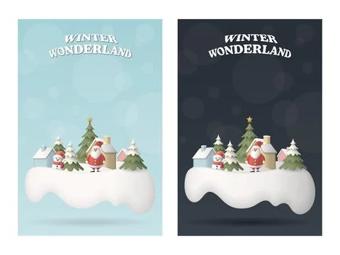 3D miniature model of day and night Winter Wonderland on floating snowdrift.. Stock Illustration