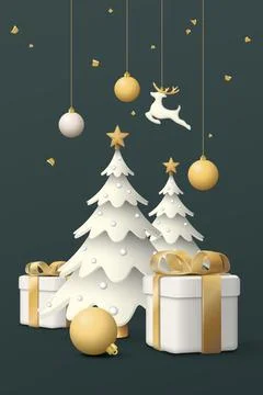 3D miniature model of decorated pine trees, gift boxes and Christmas orname.. Illustrazione stock