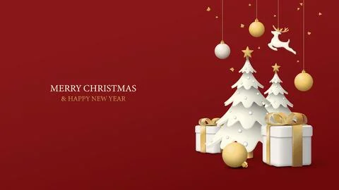 3D miniature model of decorated pine trees, gift boxes and Christmas orname.. Stock Illustration