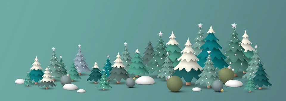 3D miniature model of pine forest with snowdrift and Christmas balls graphi.. Stock Illustration