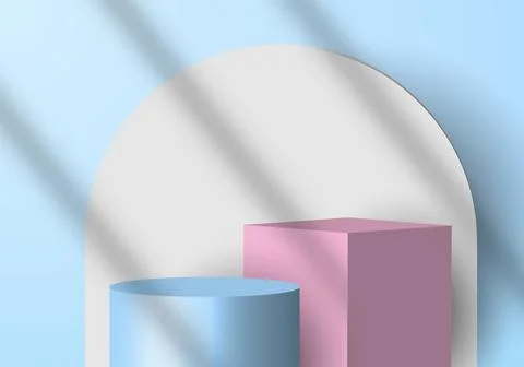 3D minimal scene background blue cylinder and pink cube, white circle backdro Stock Illustration
