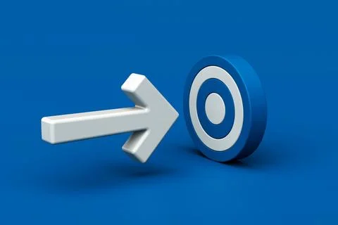 3D minimal white arrow pointing toward blue target, symbolizing goal achiev.. Stock Illustration