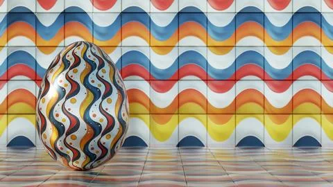 3D minimalist Easter egg design featuring a retro wave pattern, blending mode Stock Illustration