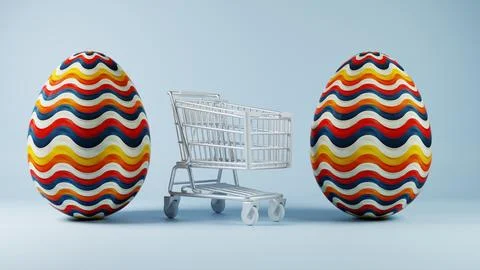 3D minimalist Easter egg design with a retro wave pattern, accompanied by a s Stock Illustration