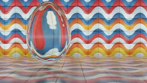 3D minimalist Easter egg design with a glass texture and retro wave elements, Illustrazione stock