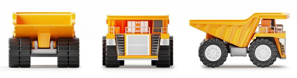 3d mining dump truck front, side, back view. Realistic render set of yellow big Illustrazione stock