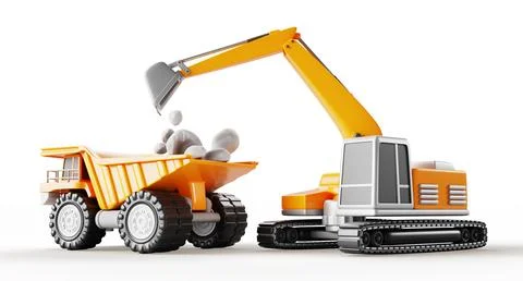 3d mining industry, construction site set with excavator loading stones or Stock Illustration