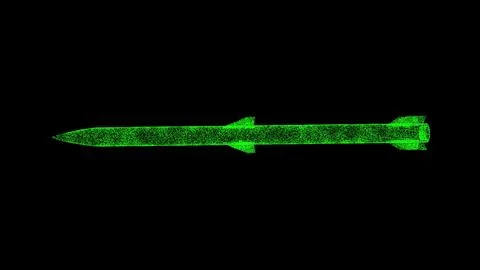 3D missile on black bg. Object dissolved green flickering particles. Busine.. Stockillustratie