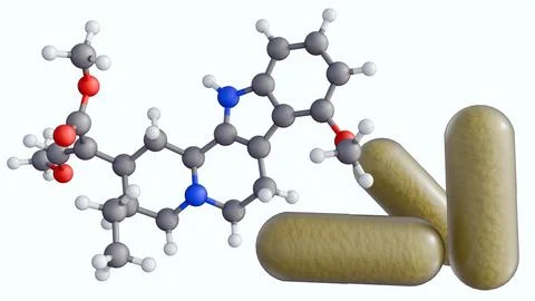 A 3d mitragynine molecular model and powdered herbal pill. 스톡 일러스트
