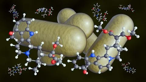 A 3d mitragynine molecular model and powdered herbal pill. 스톡 일러스트