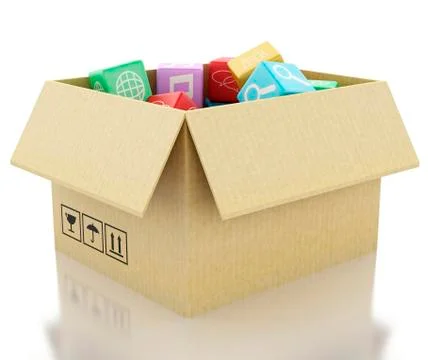 3d Mobile applications software in cardboard box. Stock Illustration