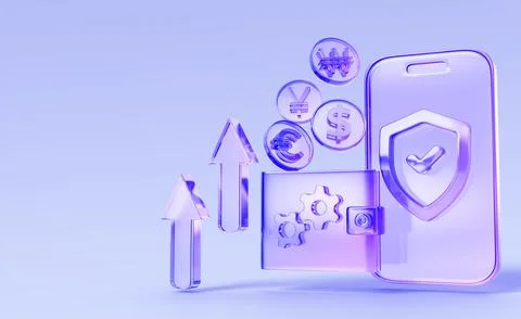 3d mobile banking online payment. Digital wallet with dollar, yen, won coins Stock Illustration