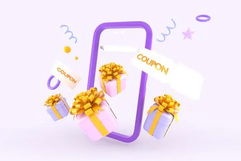 3D Mobile phone with gift boxes and coupons flying out of screen. Cartoon big Illustrazione stock