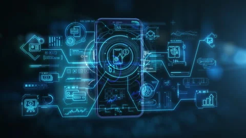 3D mobile phone graphics with statistical overlays Stock Footage 288490333
