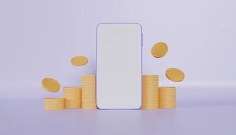 3d mobile phone mockup with blank screen and stacks of golden coins in cart Stock Illustration