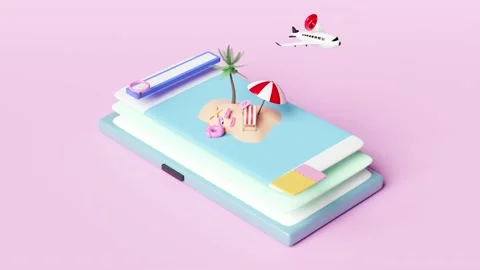 3d mobile phone or smartphone with palms, beach chair, banknote, pin, plane i Stock Footage 212380445