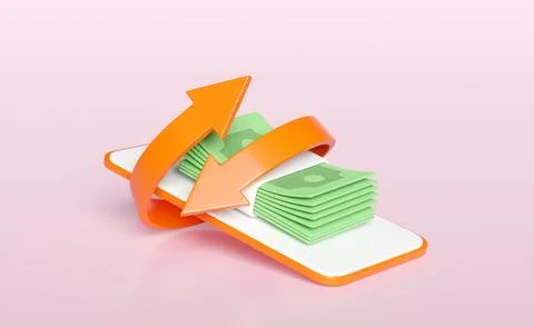 3d mobile phone, orange smartphone with money banknote, stack isolated on p.. Stock Illustration