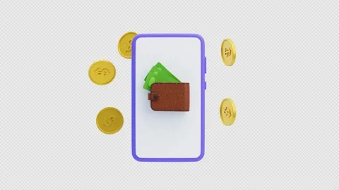 3D mobile wallet app with cash and coins animation Stock Footage 327424968
