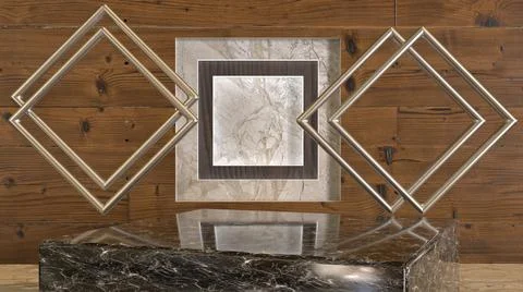 3D Mock Up black marble platform stand, with wooden Background Illustrazione stock