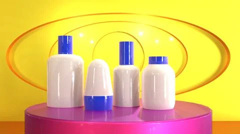 3D Mock Up plastic white bottles with blue cap, yellow circle pattern background Stock Illustration