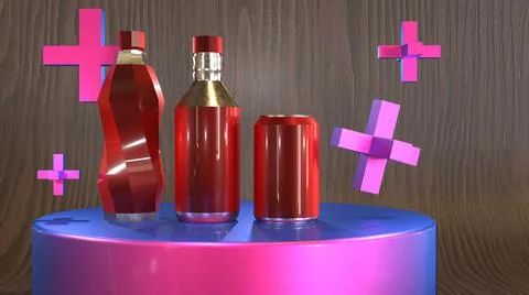 3D Mock Up red bottles and metallic can, wooden background Stock Illustration