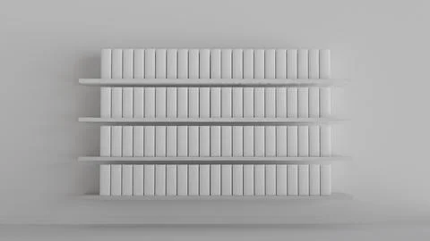 3D mockup of bookshelf with plain white books in white interior for design, t Stock Illustration
