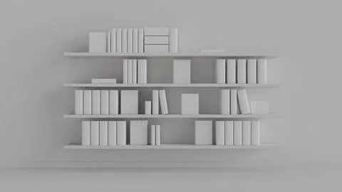 3D mockup of bookshelf with plain white books in white interior for design,.. Illustrazione stock