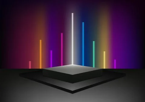 3D mockup featuring a black geometric podium bathed in colorful neon lights Stock Illustration