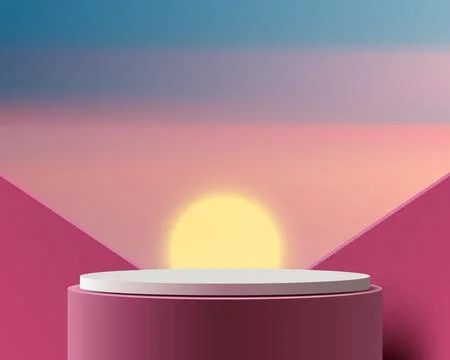 3d mockup product display with pink pedestal and sunset gradient background.. Stock Illustration