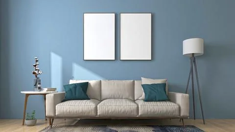 A 3D mockup render of a contemporary design, a blue wall with two frames. Stock-Illustration
