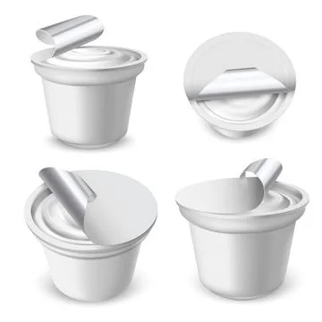 3d mockup set of plastic cups with yogurt and open lids, from different sides. Stock Illustration
