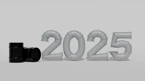3D model of 2025 from a pipe and two black oil barrels on a white background Stock Photos