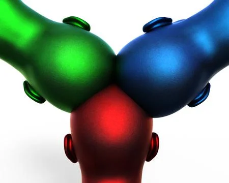 3d model. 3 multicolored male heads growing out of each other. group mind. Stock Illustration