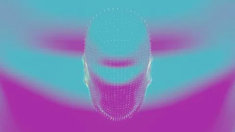 This a 3D model of an abstract, colorful intelligence face scanner with a scr Stock Illustration