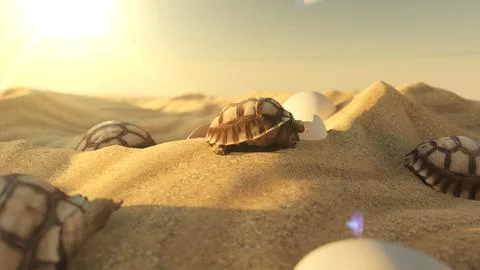 3D model and rendering baby sulcata sunbath on the desert. Stock Illustration