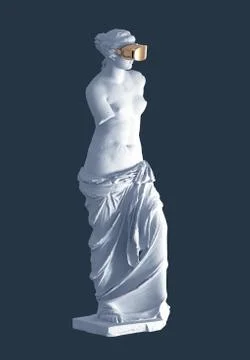 3D Model Aphrodite With Golden Virtual Reality Glasses On Blue Background. Co Stock Illustration