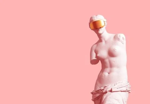 3D Model Aphrodite With Golden VR Glasses Over Pink Background. Stock Illustration