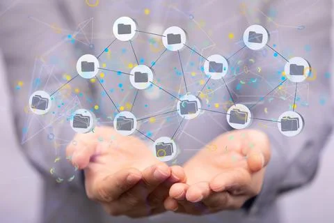 3d model of the big data cloud above the man's hands. Stock Photos