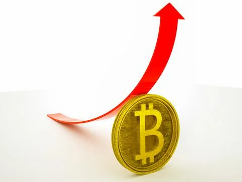 3d model of bitcoin sign and red up arrow on white background. cryptocurrency Stock Illustration