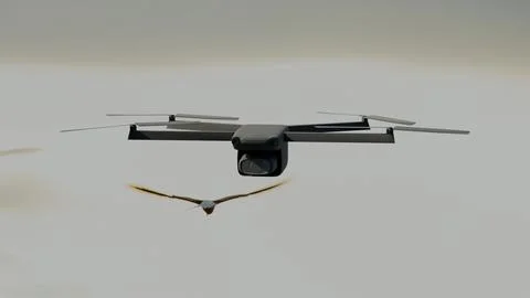 3D model of a black drone with a bird flying in the sky, drone Stock Photos