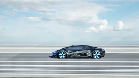 3d model of black futuristic car on the bridge. Very fast driving. Concept of Stockbeeldmateriaal 108510341