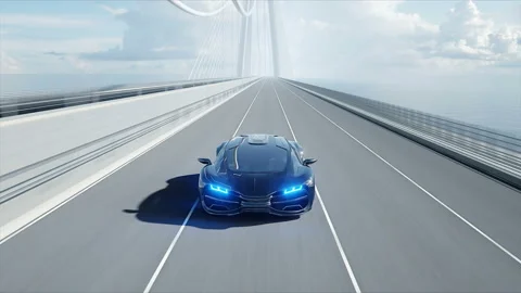 3d model of black futuristic car on the bridge. Very fast driving. Concept of Stockbeeldmateriaal 108510854