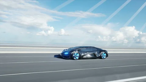 3d model of black futuristic car on the bridge. Very fast driving. Concept of Video stock 108512709