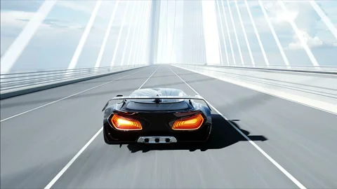 3d model of black futuristic car on the bridge. Very fast driving. Concept of Stockbeeldmateriaal 108514554