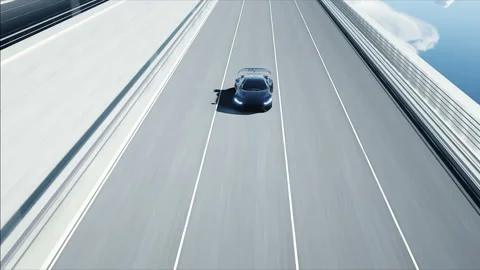 3d model of black futuristic car on the bridge. Very fast driving. Concept of Vidéo 108515813