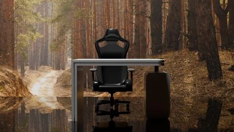3D model of a black gaming computer chair and desk on the background of a pin Stock Photos