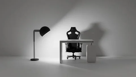 3D model of black gaming computer chair and white computer desk and light fro Stock Photos