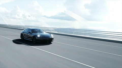 3d model of black sport car on the bridge. Very fast driving. realistic 4K Video stock 108494247