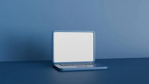 3D model of blue laptop with blank white screen on blue background, template 写真素材