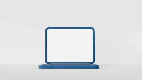 3D model of blue laptop with blank white screen on white background, template 写真素材